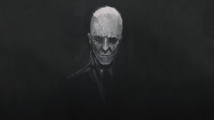man in black portrait painting, monochrome, bald, black clothing, scars