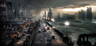 high-angle view of city during storm digital wallpaper, futuristic