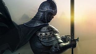 gladiator illustration, sea, knight HD wallpaper