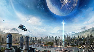 high-rise building and space ship digital wallpaper, Anno 2205