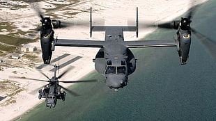gray helicopter, helicopters, V-22 Osprey, military, MH-53 Pave Low