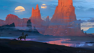 man riding on horse near body of water with mountain view painting, fantasy art, artwork