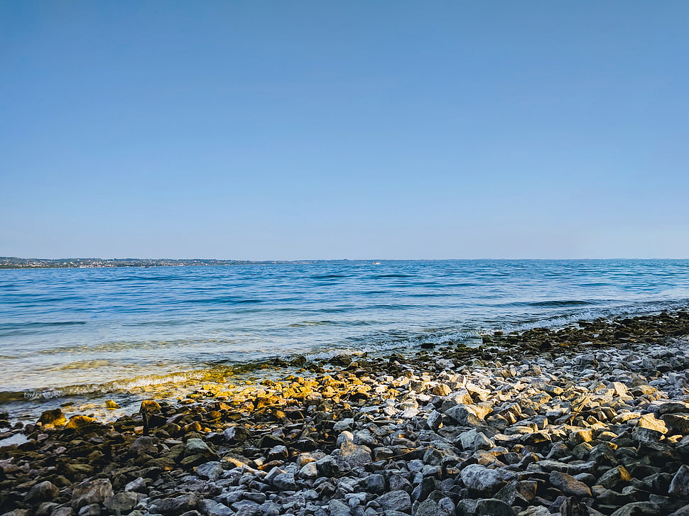 brown rocky shore, beach, sea HD wallpaper