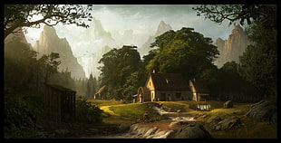 brown house illustration, Andree Wallin, lake, mill, mountains
