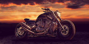 gray and black cruiser motorcycle in golden hour poster