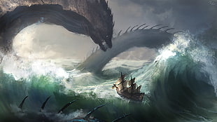 sailboat and dragon painting, hydra HD wallpaper