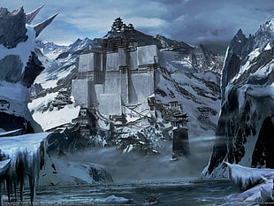 snow covered fortress digital art, mountains HD wallpaper