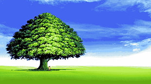 green tree, minimalism, trees, grass, clouds