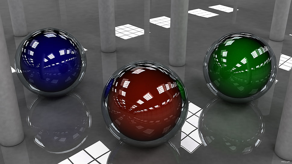 three blue, red, and green balls digital wallpaper HD wallpaper