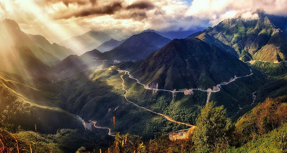 aerial photo of green mountains, nature, landscape, Vietnam, sunset HD wallpaper