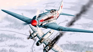 two fighter planes painting, World War II, Russian, German, Bomber