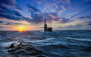 black submarine, submarine, sea, military, vehicle