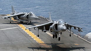 two white fighting planes, aircraft carrier, Harrier, sea, military aircraft
