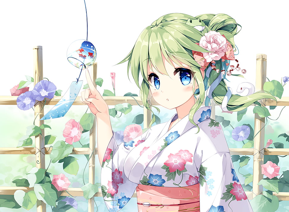 green-haired female anime character digital wallpaper, Touhou, Kochiya Sanae, green hair, blue eyes HD wallpaper