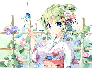 green-haired female anime character digital wallpaper, Touhou, Kochiya Sanae, green hair, blue eyes