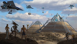 animated movie digital wallpaper, UFO, Egypt, pyramid, spaceship