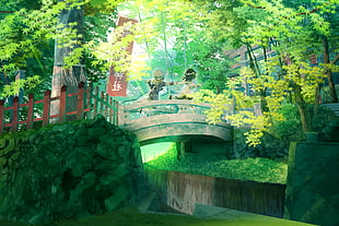 two female anime characters on top of bridge surrounded by green leaf tree s