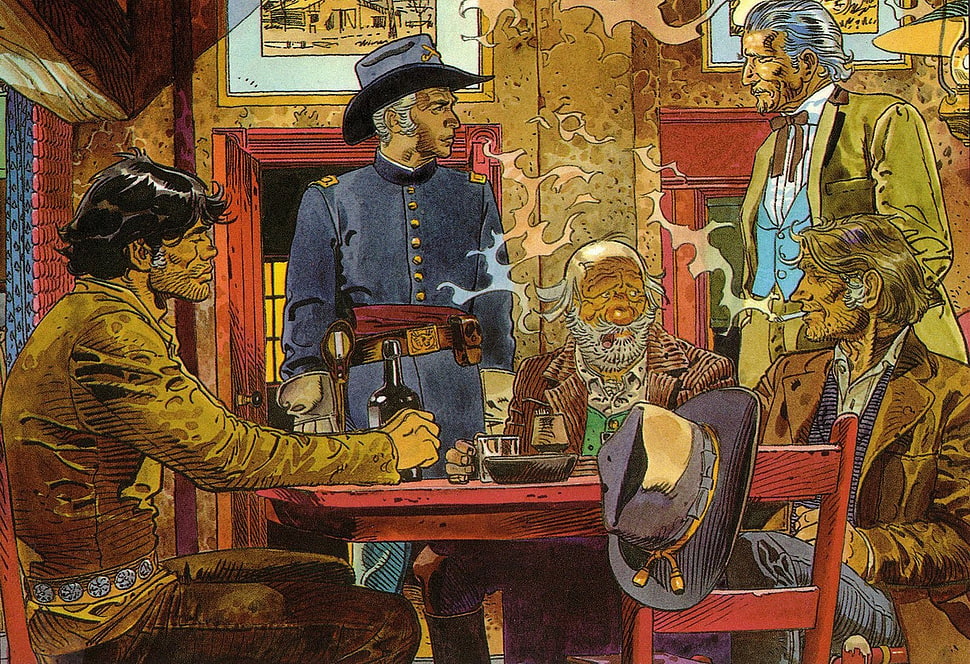 five men near table painting, Mœbius, artwork HD wallpaper