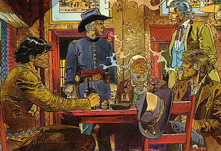 five men near table painting, Mœbius, artwork