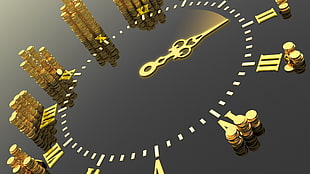 gold-colored coin watch, money, time, clocks, render