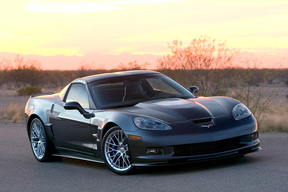 black Corvette coupe, Corvette, Chevrolet, car, sunset HD wallpaper