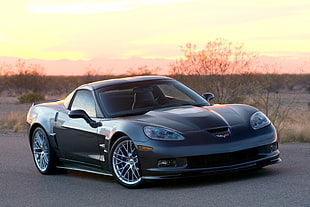 black Corvette coupe, Corvette, Chevrolet, car, sunset