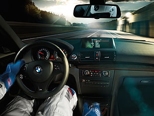 black BMW steering wheel, car interior, BMW