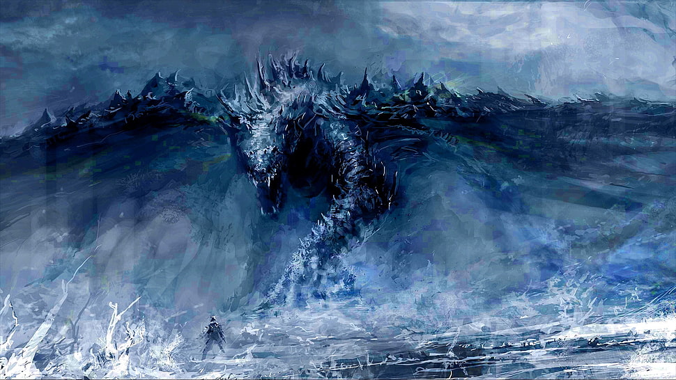 blue dragon illustration, dragon, fantasy art, artwork, blue HD wallpaper