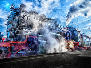 photo of a steaming train about to take-off under the blue sky during day time HD wallpaper