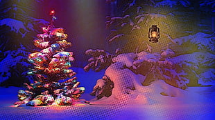 multicolored Christmas tree, snow, trees, lights, nature