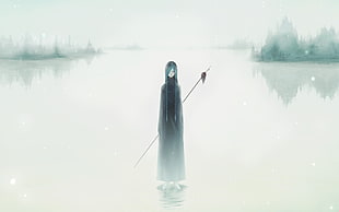 anime character holding spear, anime, lake, snow, spear