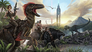 two man and woman riding on gray dinosaurs digital wallpaper