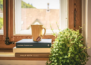 yellow ceramic mug on novel books HD wallpaper