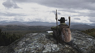 man with brown backpack, DayZ, horizon, alone, landscape
