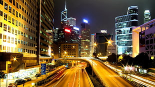 black and brown wooden table, city, Hong Kong, city lights, light trails