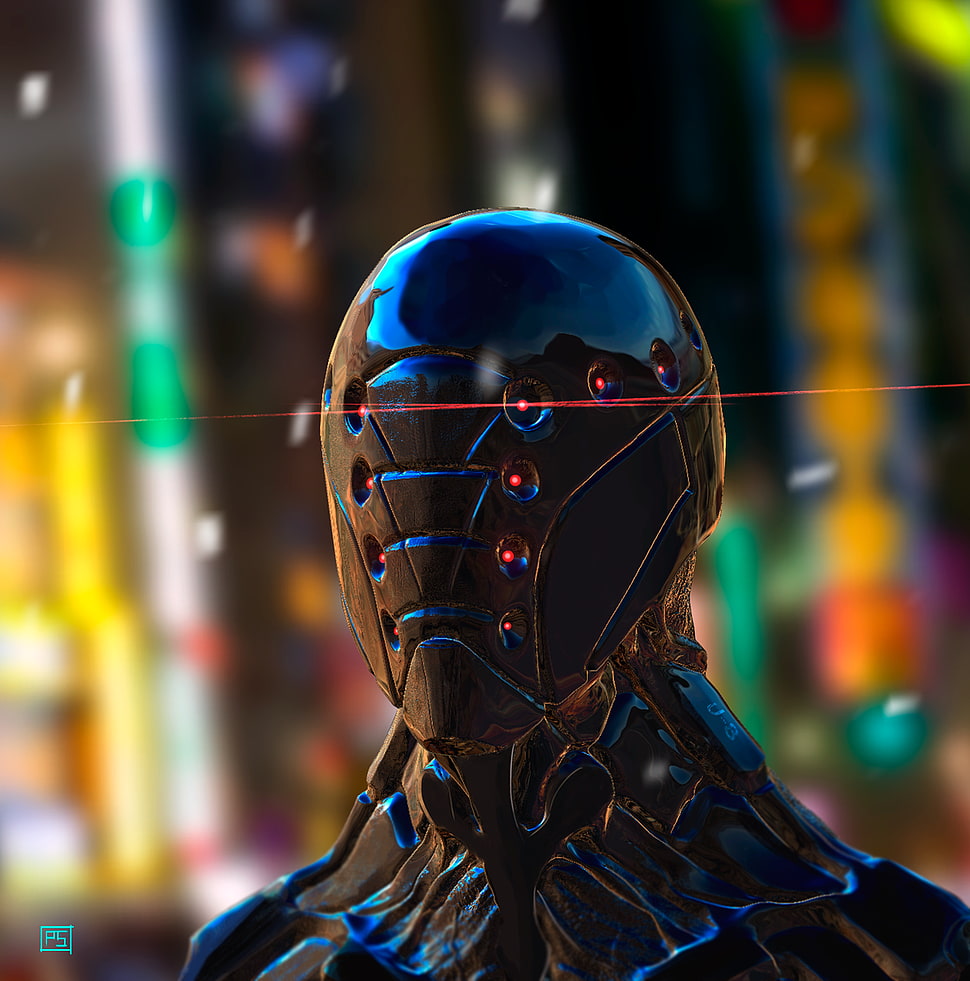 black and blue robot illustration, robot, artwork HD wallpaper