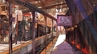 gray metal train station digital wallpaper, anime