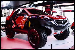 red and black SUV, Peugeot, Rally, Red Bull