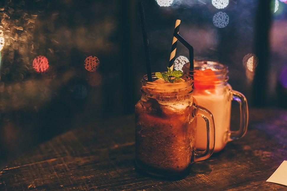 two clear mason jars, macro, bokeh HD wallpaper