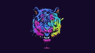 purple, blue, and green tiger painting on black background