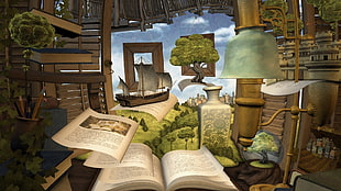 white and brown living room set, interior, books, model ship, window