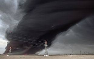 black twister, landscape, smoke, fire, power lines HD wallpaper