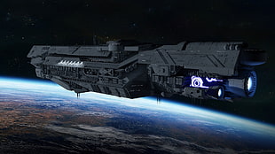 gray spaceship, render, space, planet, spaceship HD wallpaper