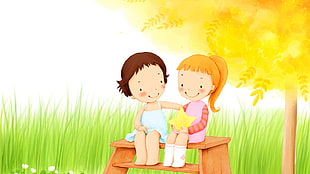 two girls seating on beach illustration