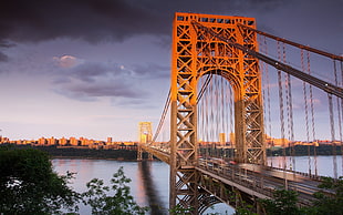 brown suspension bridge, bridge, sunset, George Washington Bridge, Hudson River