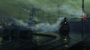 black train, artwork, painting, steam locomotive, rail yard HD wallpaper