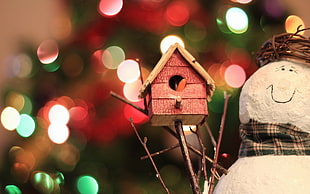 microshot photography of red wooden bird house