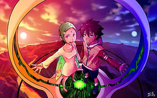 two green haired girl and boy in brown jacket anime characters illustration