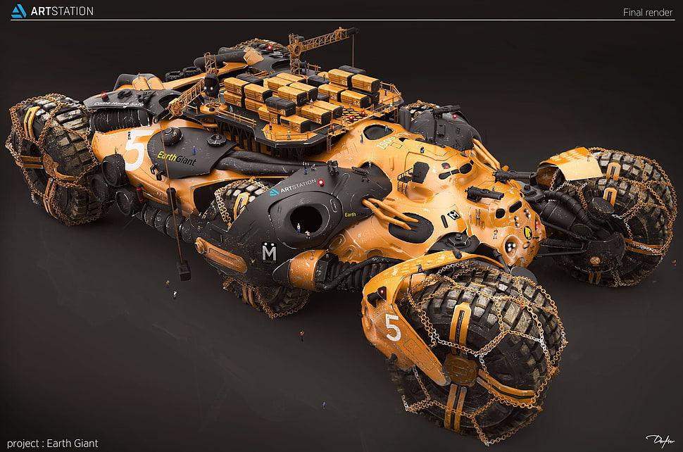 orange vehicle with guns, render, CGI, vehicle, science fiction HD wallpaper
