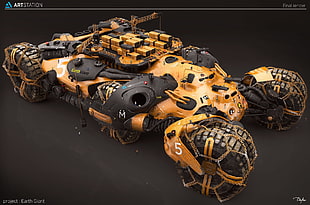 orange vehicle with guns, render, CGI, vehicle, science fiction